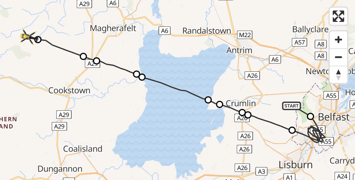 Flight path map showing Police Helicopter route from Antrim and Newtownabbey District to Mid-Ulster District Council
