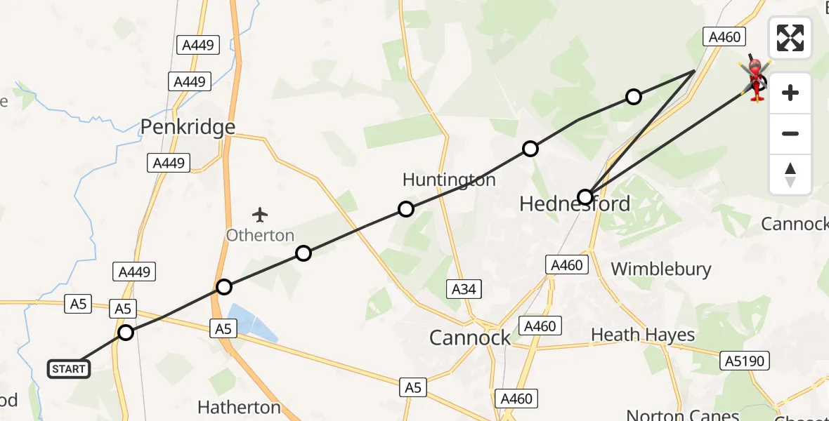 Flight path map showing Air Ambulance Helicopter route from South Staffordshire to Cannock Chase