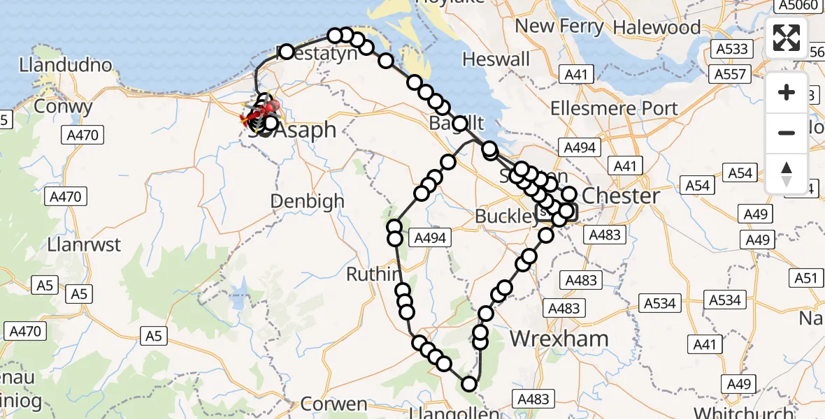 Flight path map showing Air Ambulance Helicopter route from Broughton to Rhyl