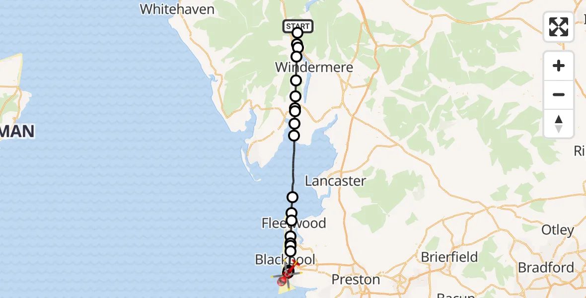 Flight path map showing Air Ambulance Helicopter route from Patterdale to Fylde