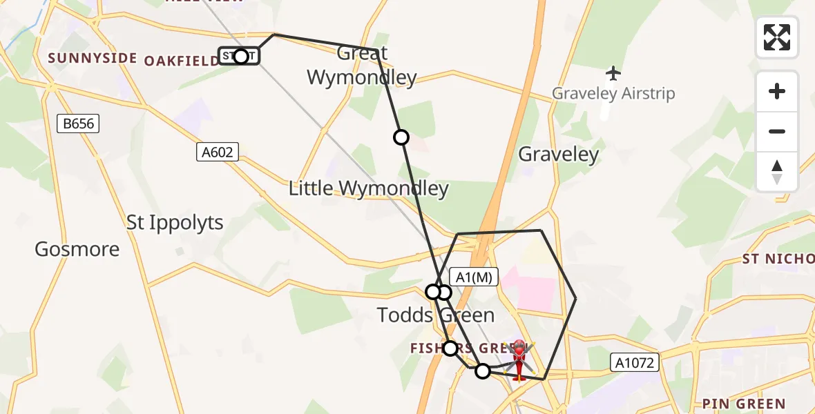 Flight path map showing Air Ambulance Helicopter route from St Ippolyts to Stevenage