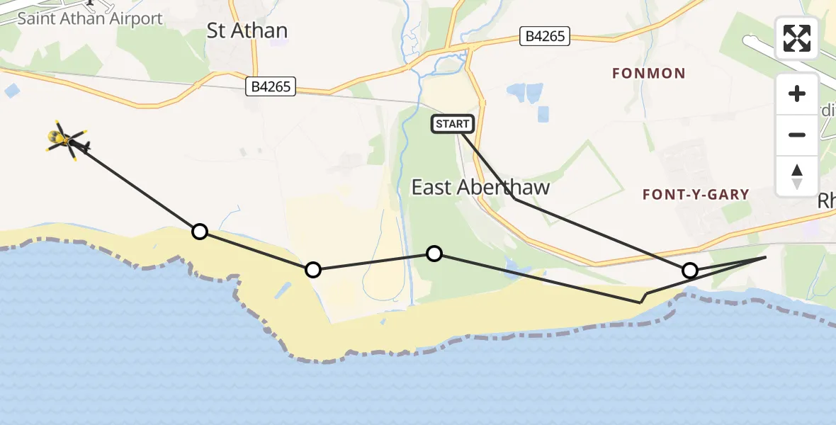 Flight path map showing Police Helicopter route from East Aberthaw to MOD St Athan