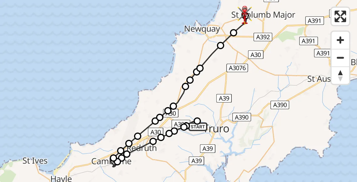 Flight path map showing Air Ambulance Helicopter route from Treliske Hospital to Cornwall Airport Newquay