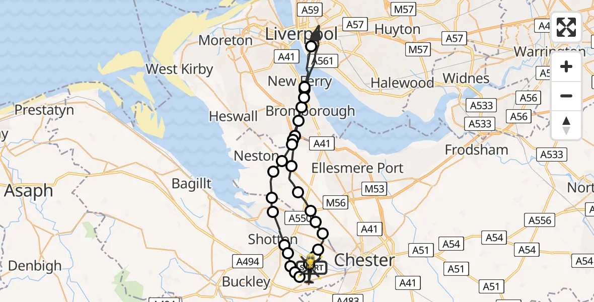 Flight path map showing Police Helicopter route from Hawarden Airport to Hawarden Airport
