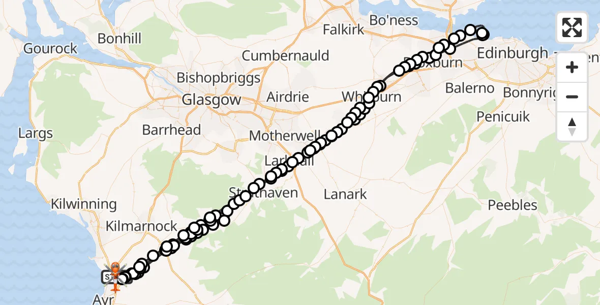 Flight path map showing Coastguard Helicopter route from Glasgow Prestwick Airport to Glasgow Prestwick Airport