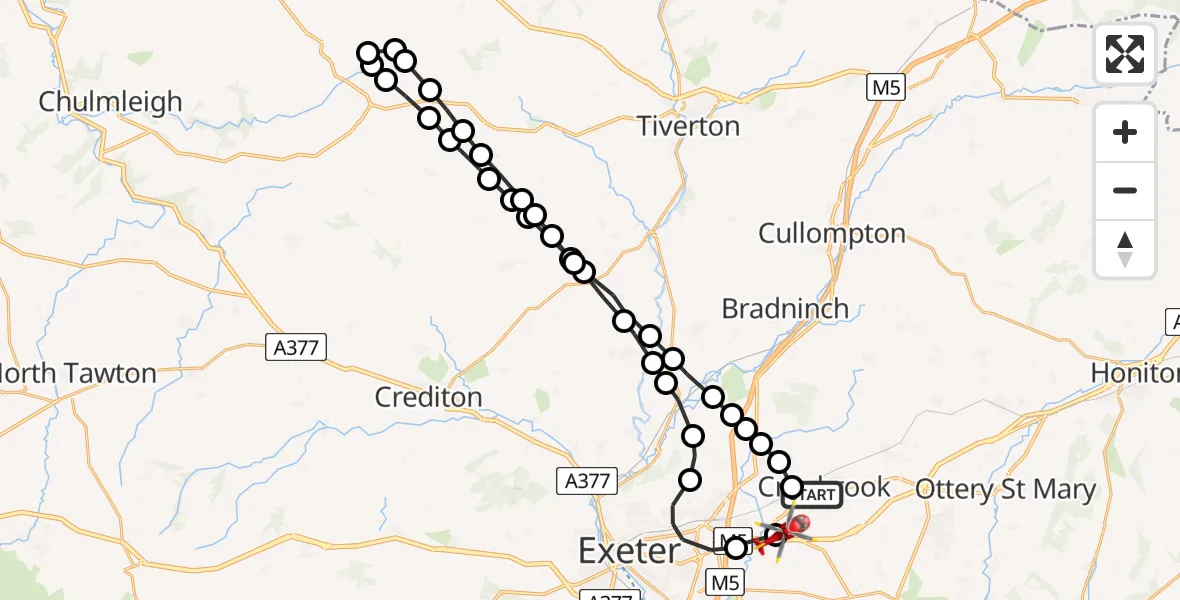 Flight path map showing Air Ambulance Helicopter route from Cranbrook to Exeter International Airport