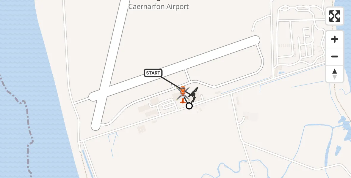 Flight path map showing Coastguard Helicopter route from Caernarfon Airport to Caernarfon Airport