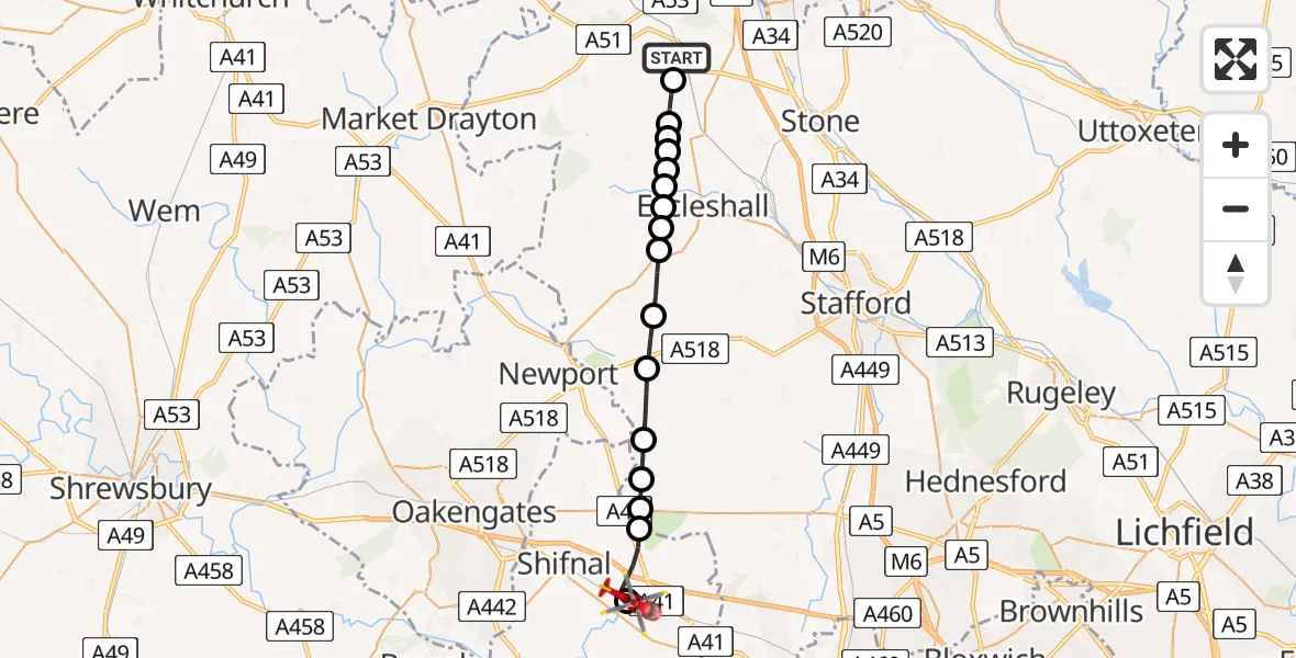 Flight path map showing Air Ambulance Helicopter route from Chapel Chorlton to Cosford