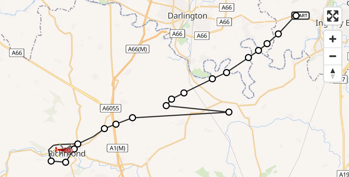 Flight path map showing Air Ambulance Helicopter route from Egglescliffe to Richmond