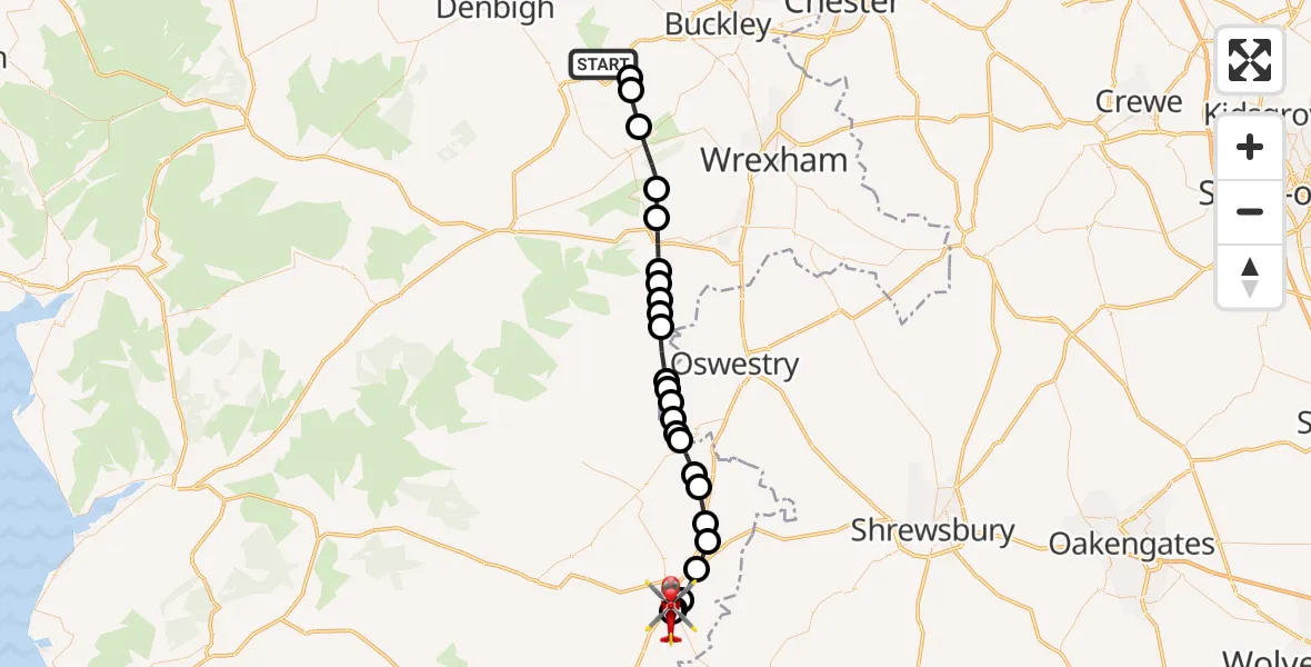 Flight path map showing Air Ambulance Helicopter route from Llanferres to Welshpool Airport