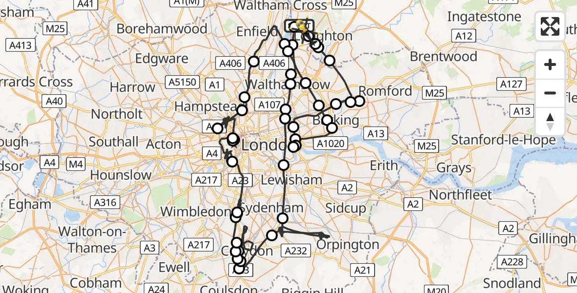 Flight path map showing Police Helicopter route from Epping Forest to Sewardstonebury