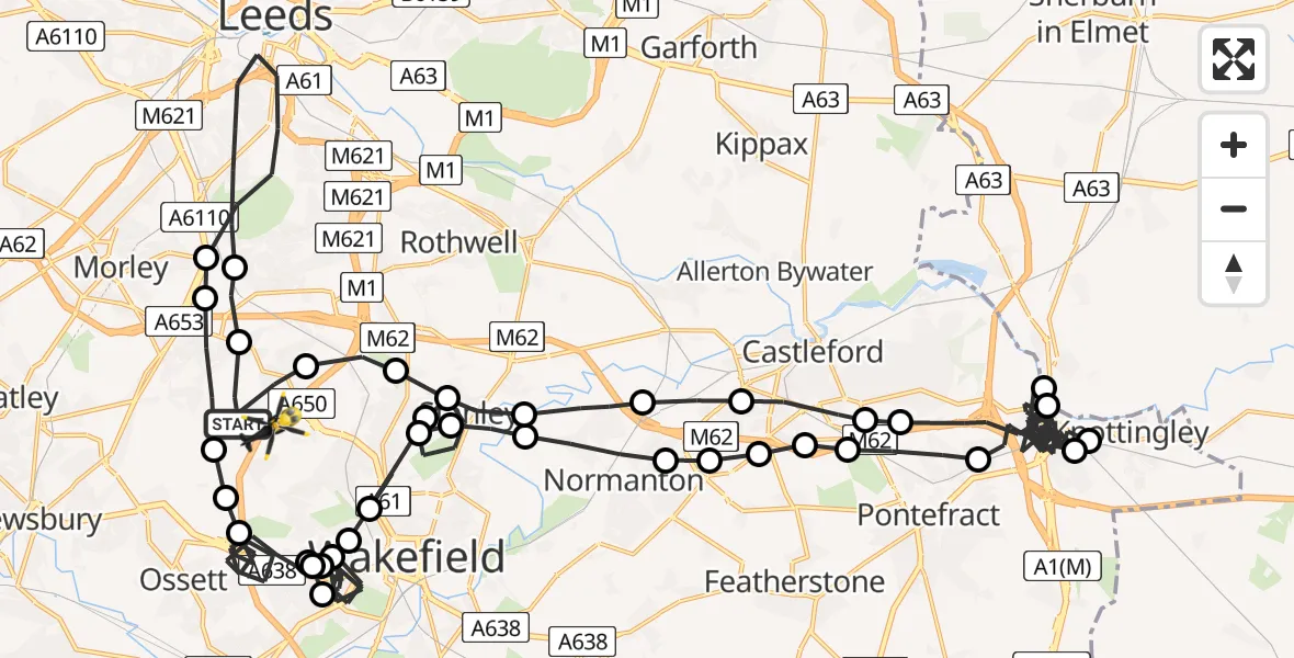 Flight path map showing Police Helicopter route from East Ardsley to East Ardsley