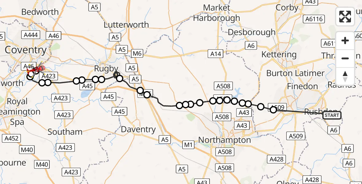 Flight path map showing Air Ambulance Helicopter route from Rushden to Coventry Airport