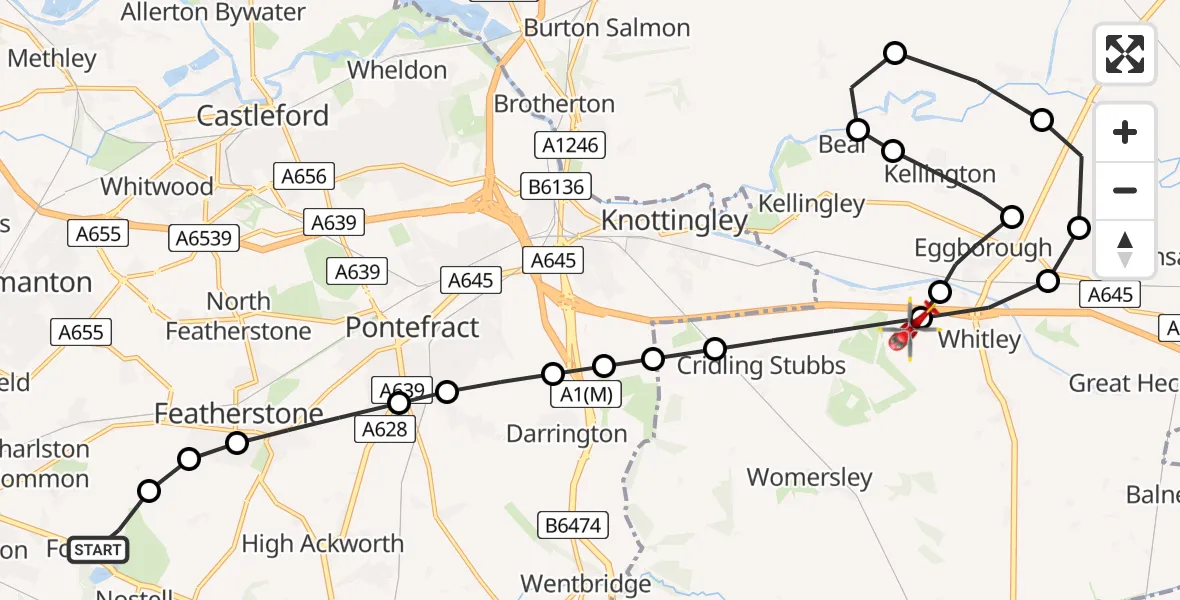 Flight path map showing Air Ambulance Helicopter route from YAA Nostell Helicopter Port to Whitley