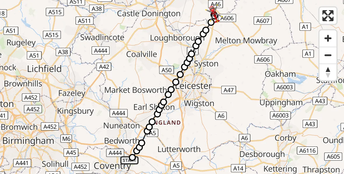 Flight path map showing Air Ambulance Helicopter route from Coventry to Nottingham Heliport