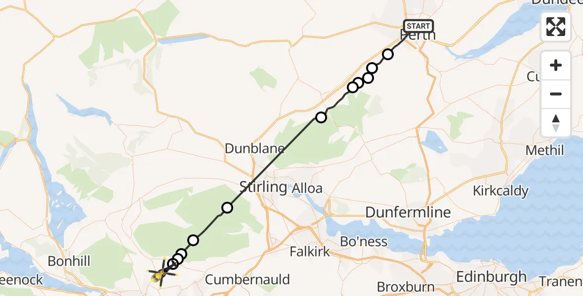 Flight path map showing Police Helicopter route from Perth to Milngavie