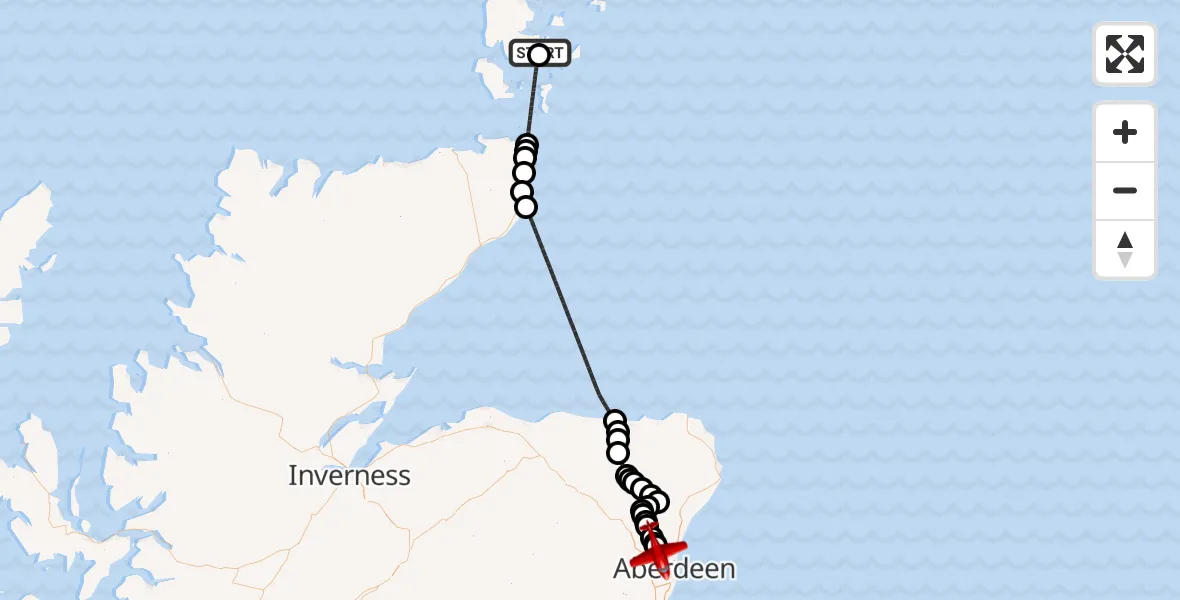 Flight path map showing Air Ambulance Aircraft route from Kirkwall to Aberdeen International Airport