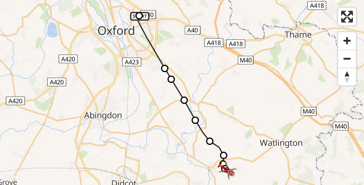 Flight path map showing Air Ambulance Helicopter route from John Radcliffe Hospital to RAF Benson