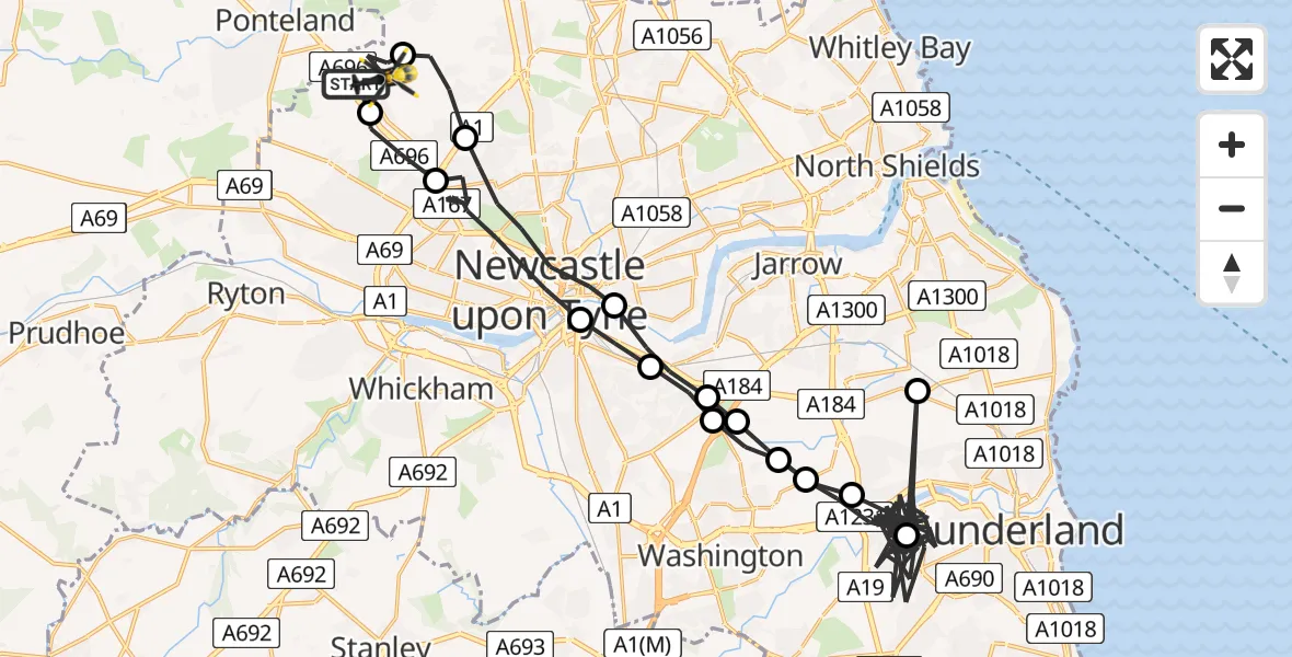 Flight path map showing Police Helicopter route from Newcastle International Airport to Newcastle International Airport