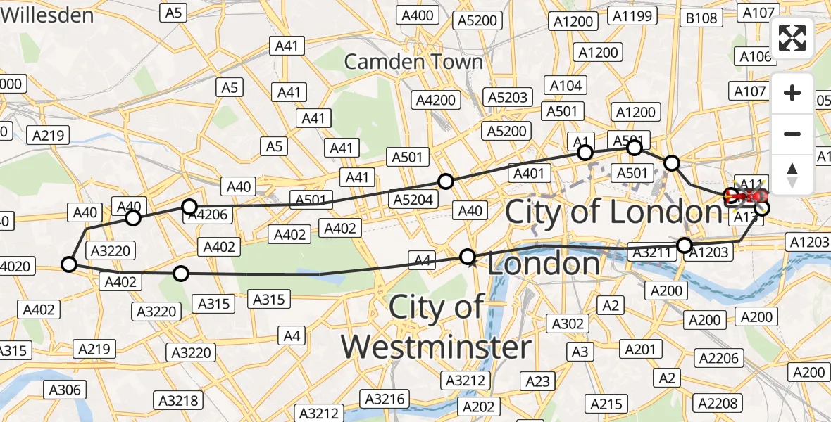 Flight route Air Ambulance Helicopter Royal London Hospital - Royal London Hospital, 21 March 2026, 13:27