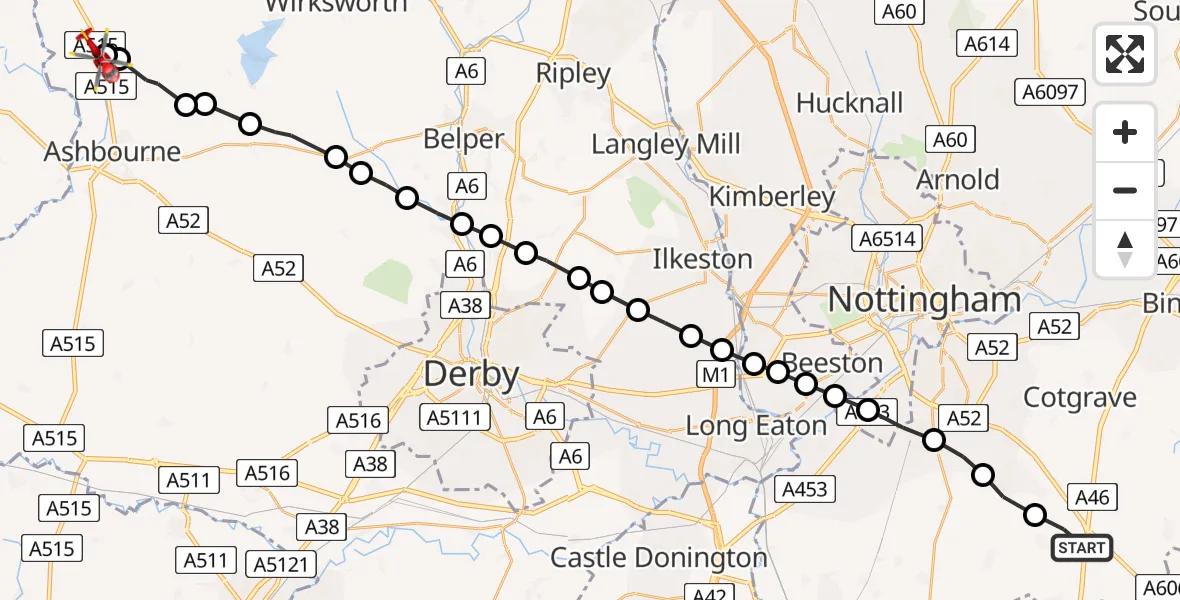 Routekaart van de vlucht: Air Ambulance Helicopter to Fenny Bentley CP, Ashbourne Road