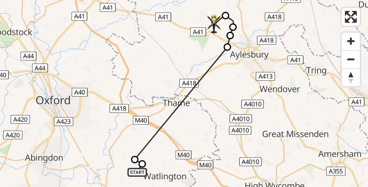 Flight path map showing Police Helicopter route from Chalgrove to Waddesdon