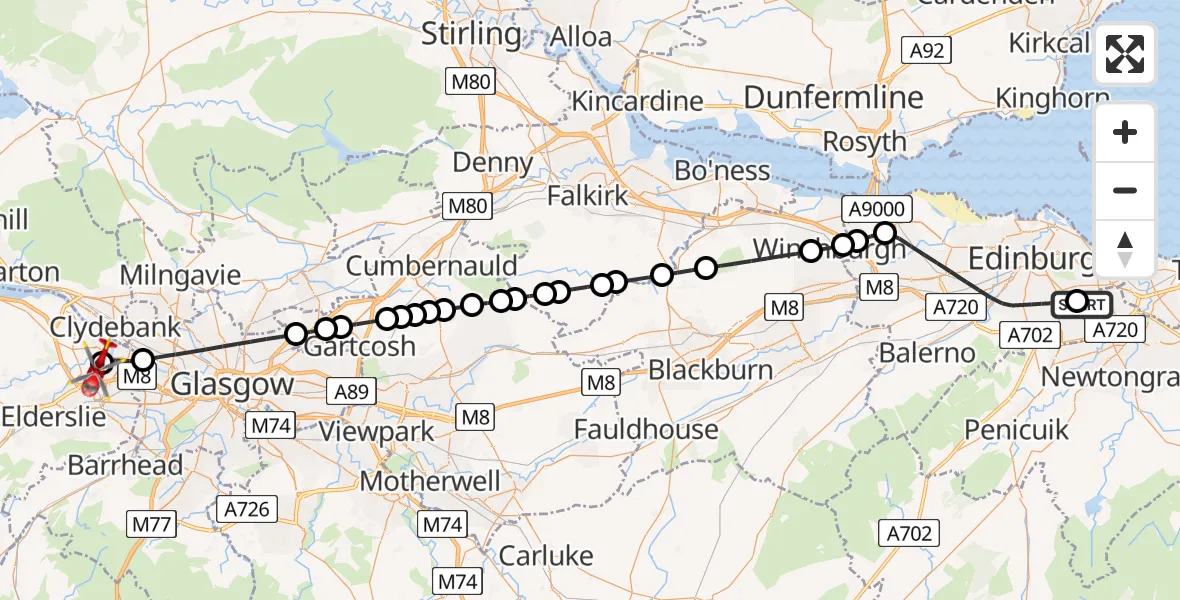 Flight path map showing Air Ambulance Helicopter route from RIE Rooftop to Glasgow Airport