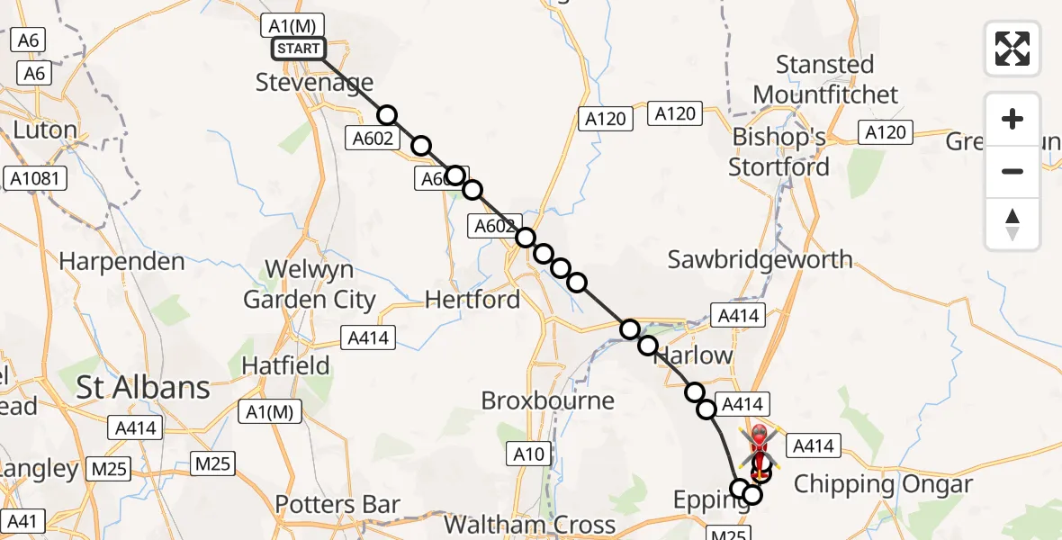 Flight path map showing Air Ambulance Helicopter route from Stevenage to North Weald Airfield
