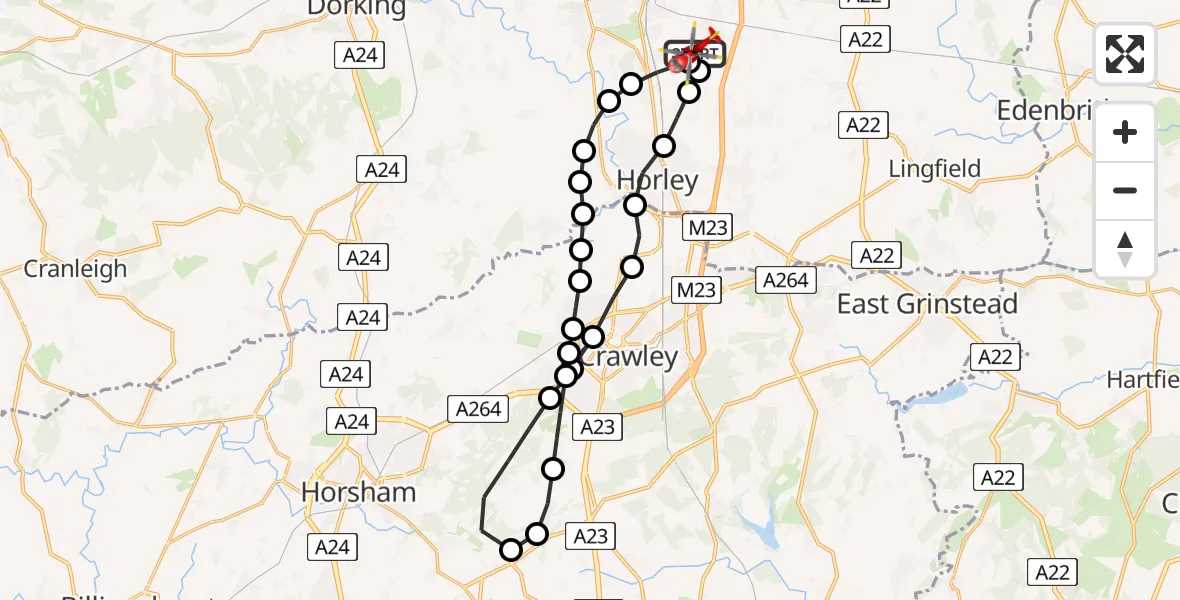 Flight path map showing Air Ambulance Helicopter route from Redhill Aerodrome to Redhill Aerodrome
