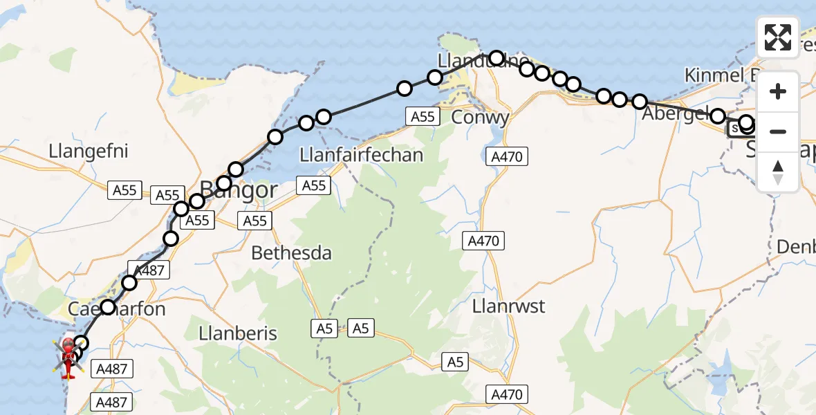 Flight path map showing Air Ambulance Helicopter route from Ysbyty Glan Clywd Hospital Heliport to Caernarfon Airport