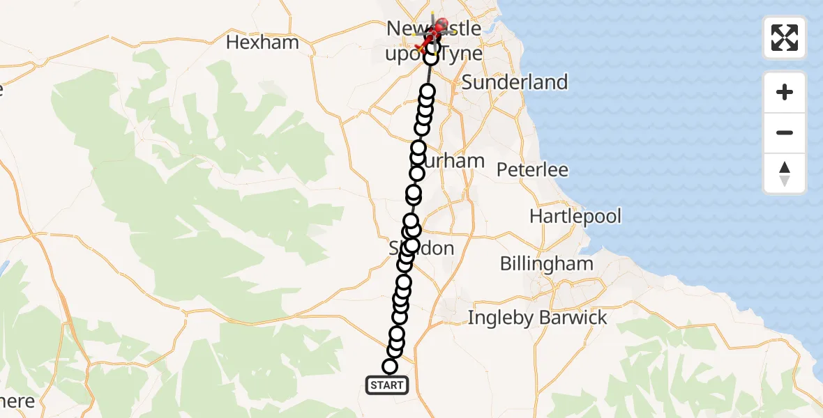 Flight path map showing Air Ambulance Helicopter route from Richmond to Newcastle Royal Victoria Infirmary