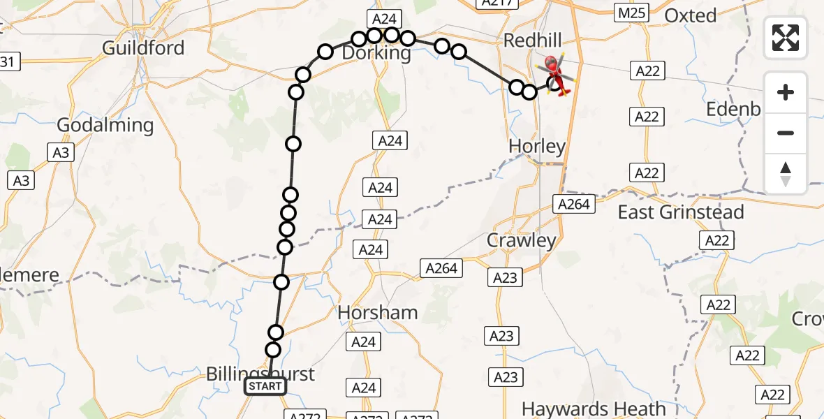 Flight path map showing Air Ambulance Helicopter route from Billingshurst to Redhill Aerodrome