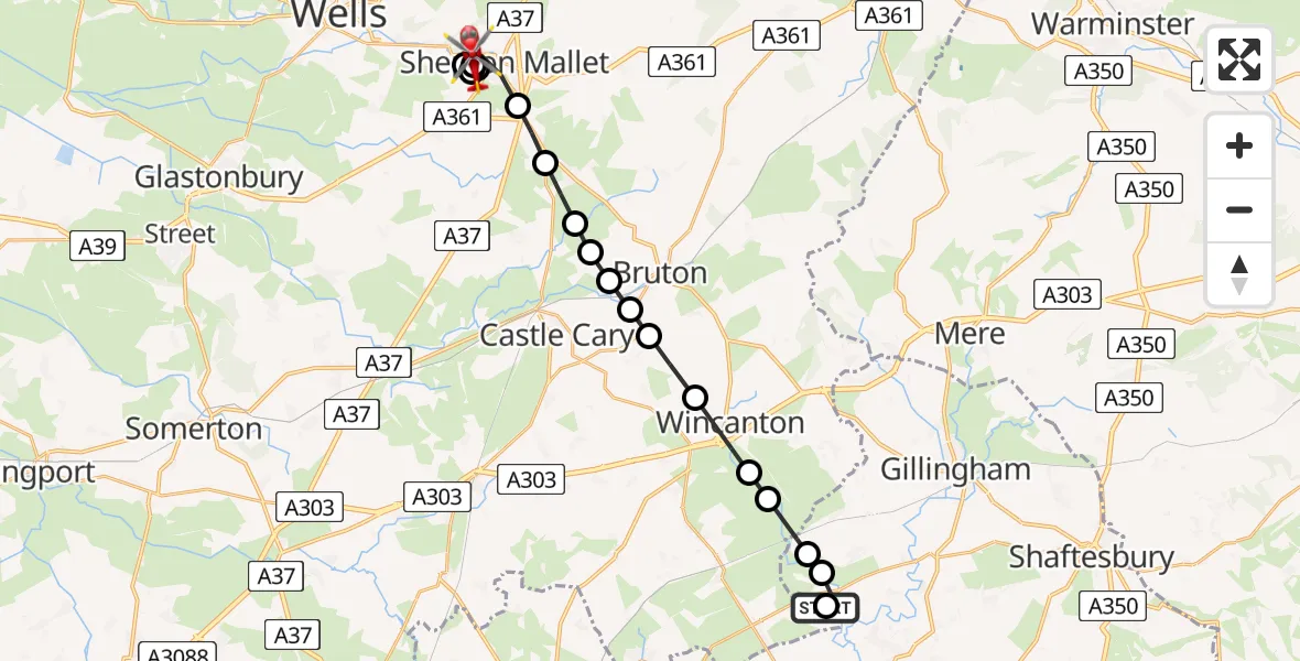 Flight path map showing Air Ambulance Helicopter route from Henstridge Airfield to Shepton Mallet
