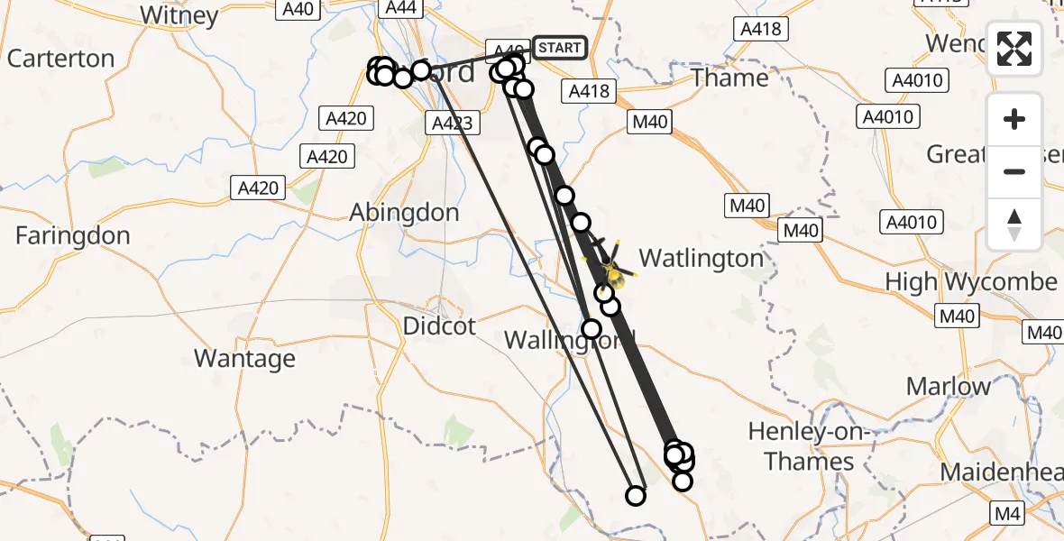 Flight path map showing Police Helicopter route from South Oxfordshire to Ewelme