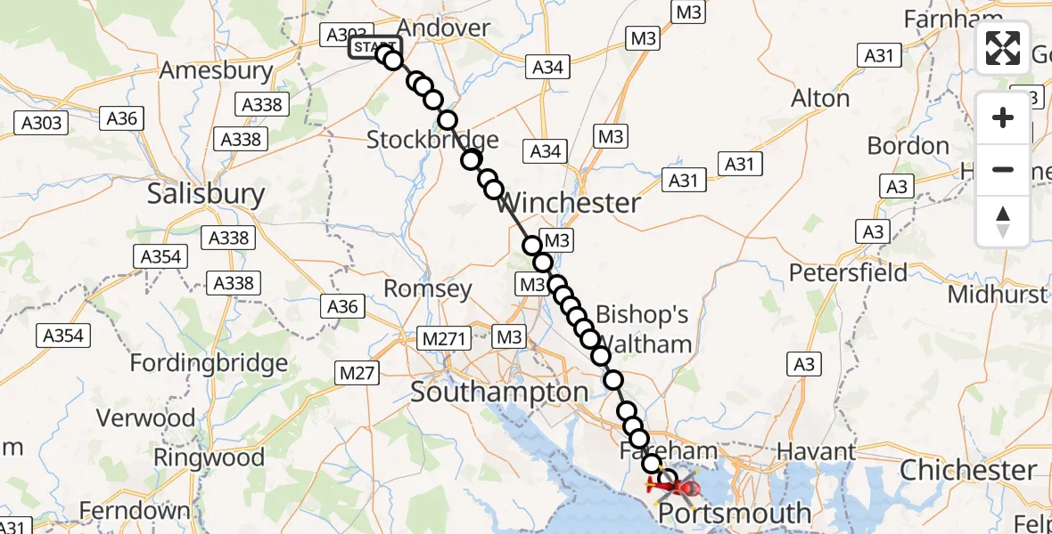 Flight path map showing Air Ambulance Helicopter route from Amport to Gosport