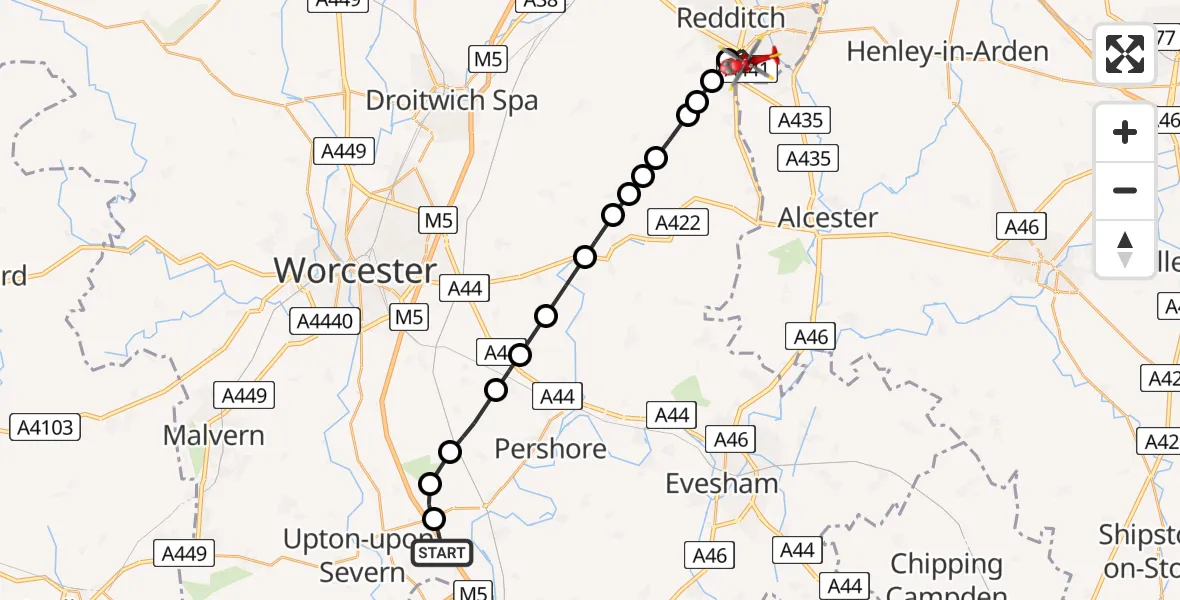 Flight path map showing Air Ambulance Helicopter route from Hill Croome to Redditch