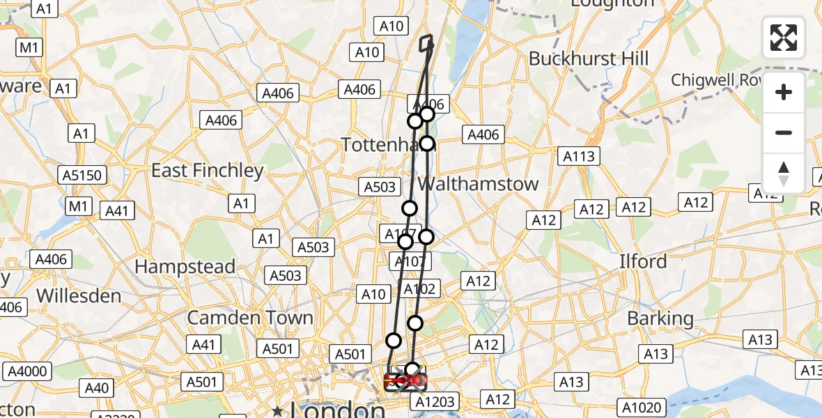 Flight route Air Ambulance Helicopter Royal London Hospital - Royal London Hospital, 21 March 2026, 14:04