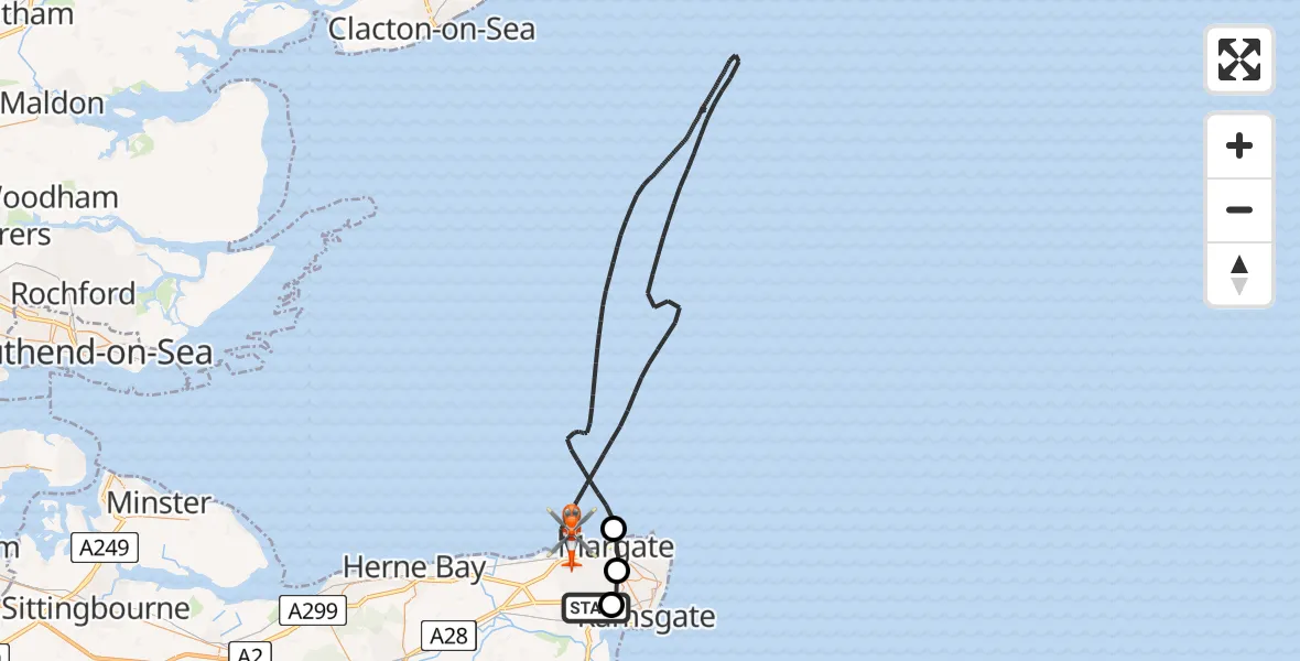Flight path map showing Coastguard Helicopter route from Manston Airport to North Sea