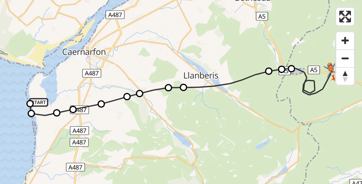 Flight path map showing Coastguard Helicopter route from Caernarfon Airport to Capel Curig