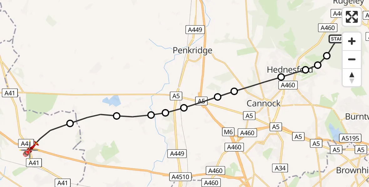 Flight path map showing Air Ambulance Helicopter route from Cannock Chase to Tong