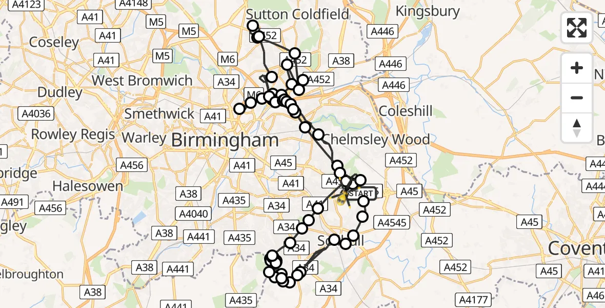 Flight path map showing Police Helicopter route from Solihull to Solihull