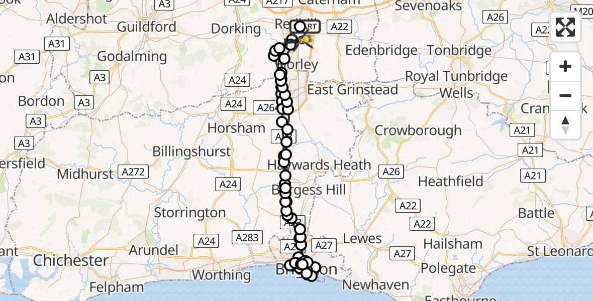 Flight path map showing Police Helicopter route from South Nutfield to Salfords