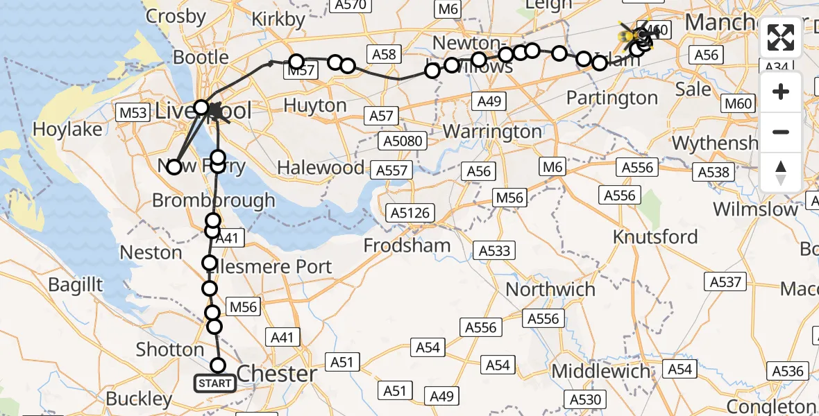 Flight path map showing Police Helicopter route from Hawarden Airport to Manchester Barton Aerodrome
