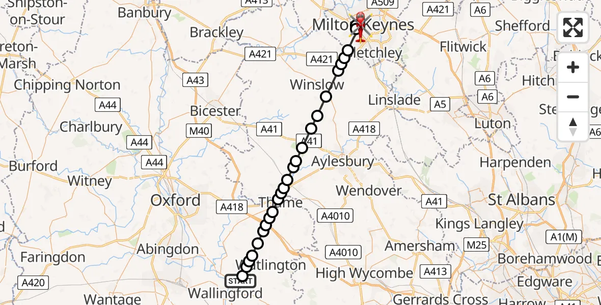 Flight path map showing Air Ambulance Helicopter route from RAF Benson to Milton Keynes