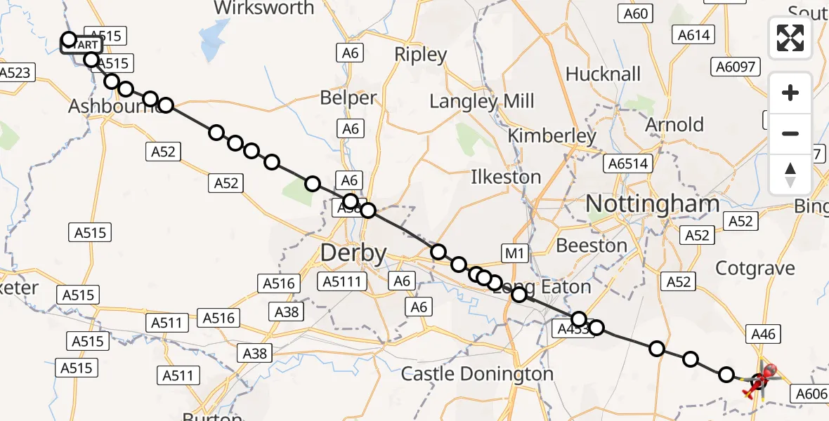 Flight path map showing Air Ambulance Helicopter route from Thorpe CP to Nottingham Heliport