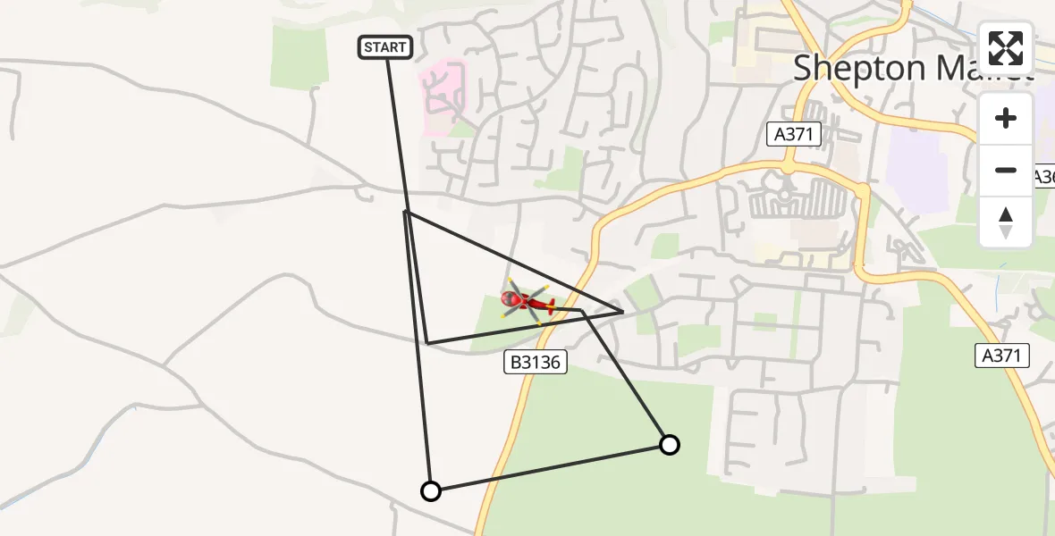 Flight path map showing Air Ambulance Helicopter route from Shepton Mallet to Shepton Mallet