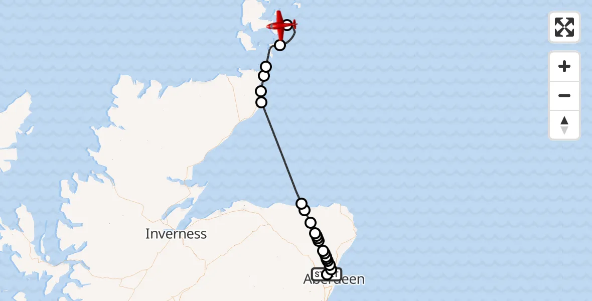 Flight path map showing Air Ambulance Aircraft route from Aberdeen International Airport to North Atlantic Ocean