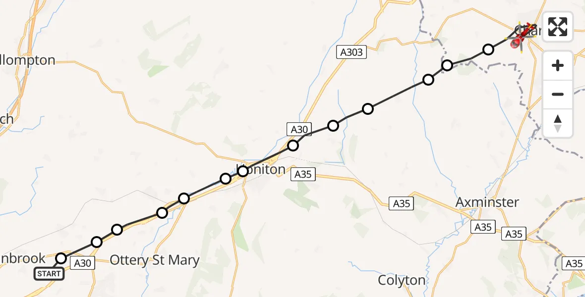 Flight path map showing Air Ambulance Helicopter route from Whimple to Chard