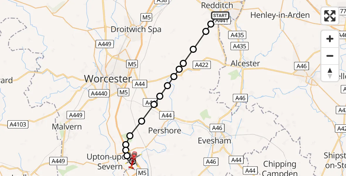 Flight path map showing Air Ambulance Helicopter route from Redditch to Hill Croome