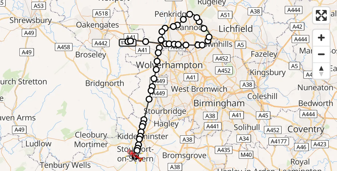 Flight path map showing Air Ambulance Helicopter route from RAF Cosford to Stourport-on-Severn